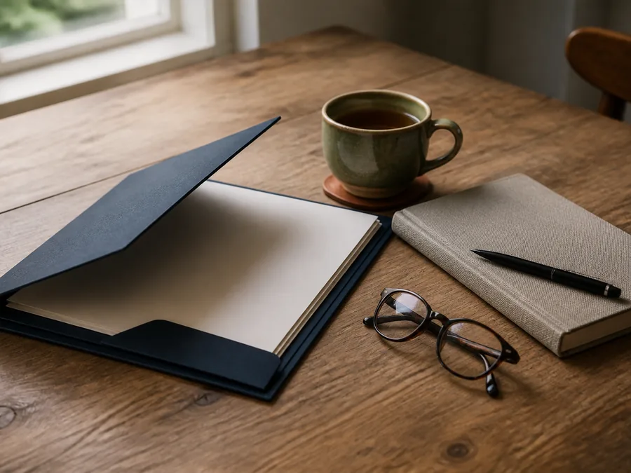 A folder, notebook, pen, glasses, and tea arranged for a consultation.