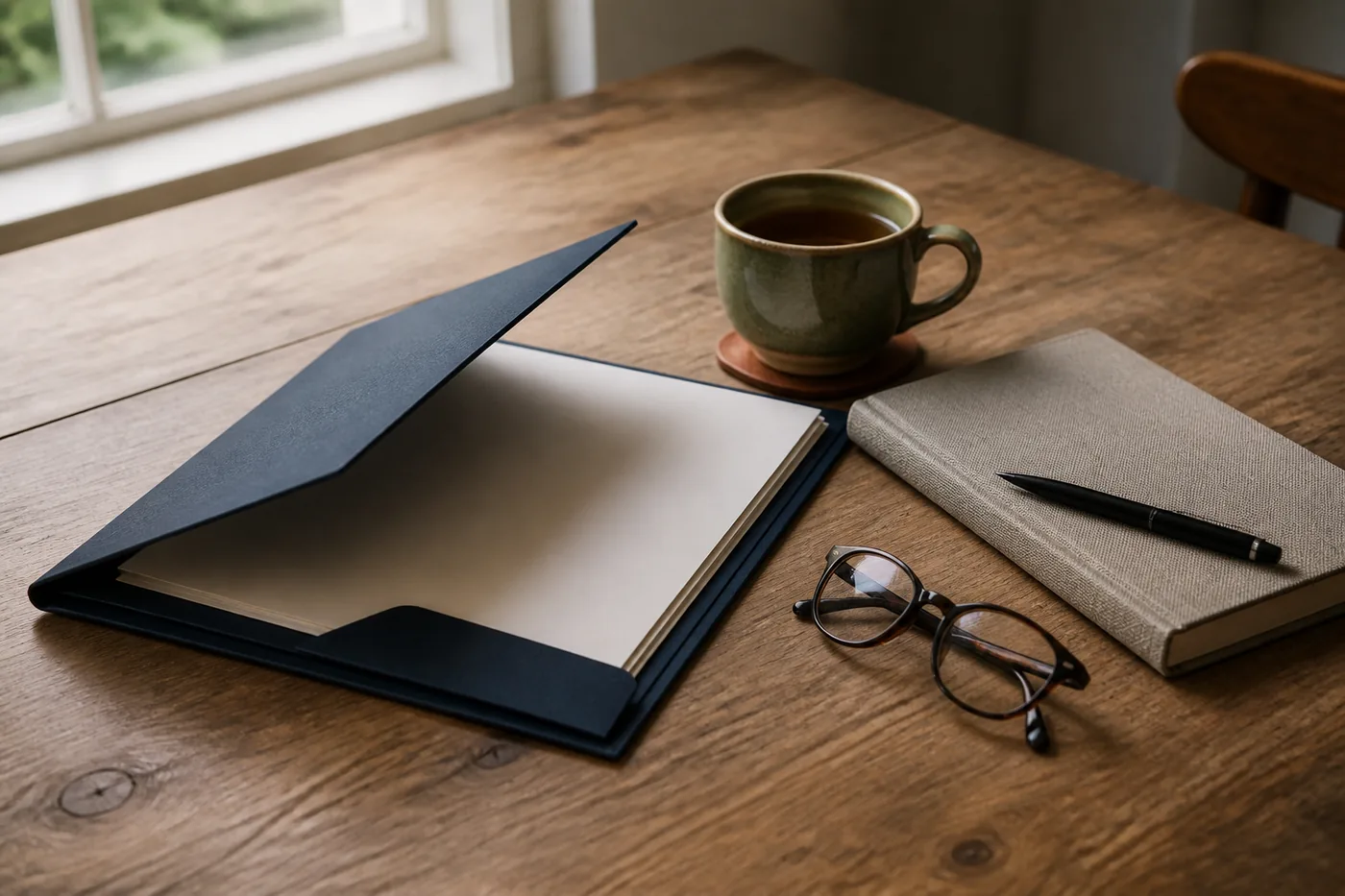 A folder, notebook, pen, glasses, and tea arranged for a consultation.